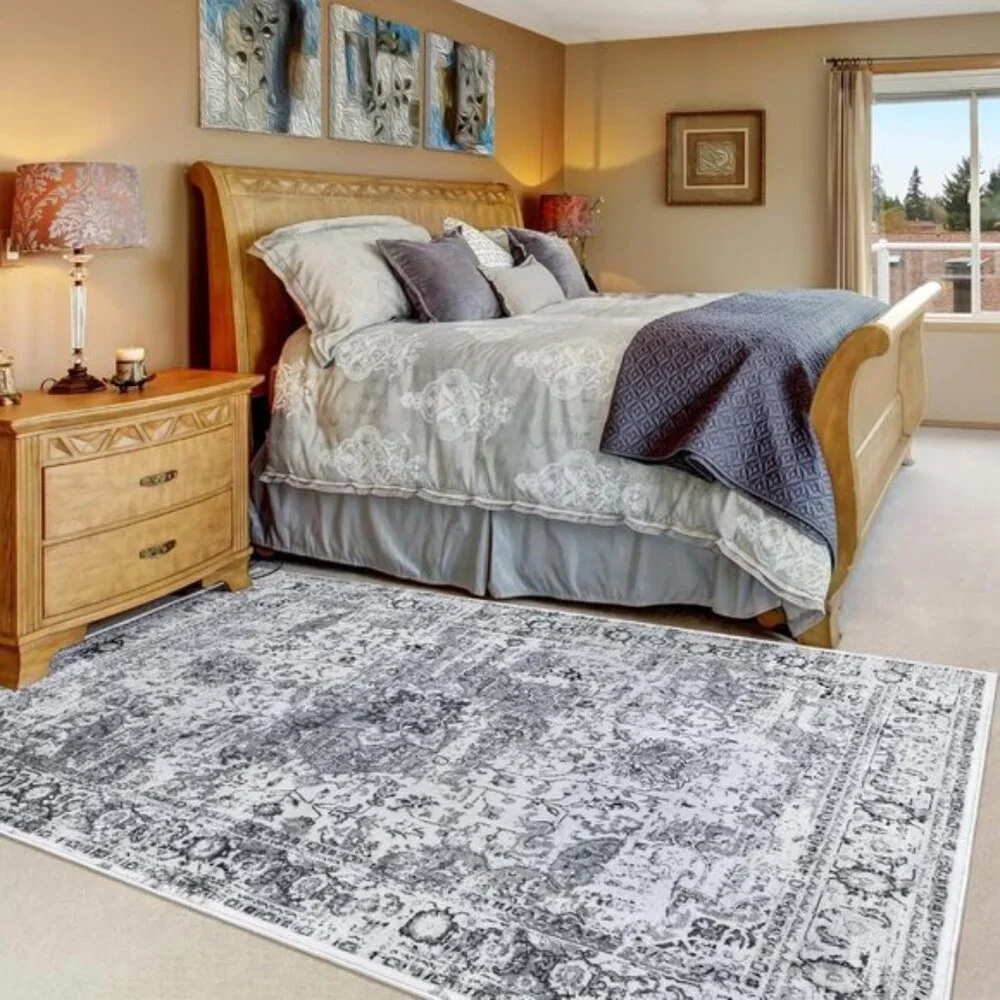 4x6 Grey Washable Area Rug, Soft Vintage Floral Low Pile Carpet for Room Decor